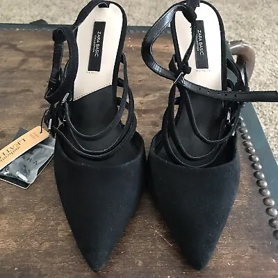 Zara Basic Suede Ankle Strap Strappy Buckle Shoes Heels Black Size 37 • $29.95