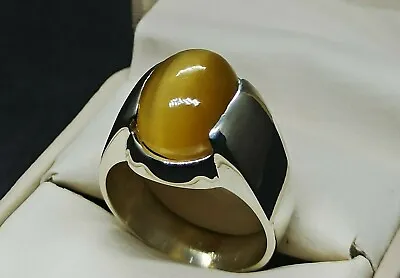 Natural 12 Carat Cat's Eye Sterling Silver 925 Handmade Yellow Cat Eye Mens Ring • $135