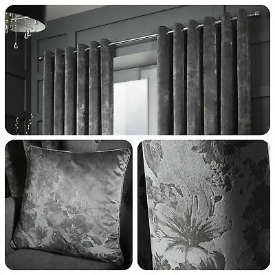 Curtina Jacuard Floral Velvet Lined Eyelet Curtains OR Cushion - Graphite Grey • £11.99