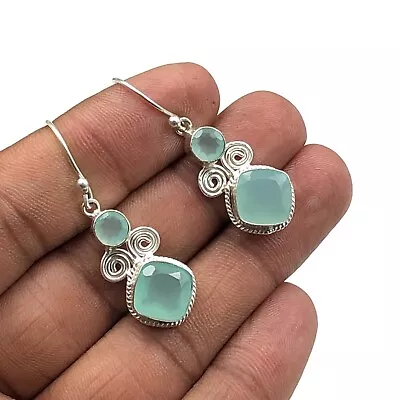 $13.50 • Buy Natural Aqua Chalcedony Gemstone Drop/Dangle Earrings 925 Sterling Silver