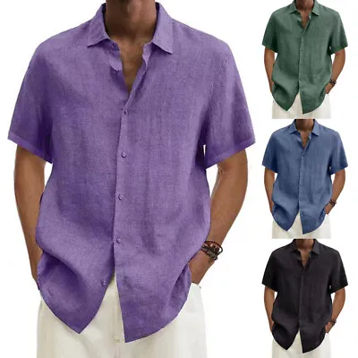 Mens Cotton Linen Short Sleeve Shirts Summer Casual Button Blouse Solid Top Tee • $11.64