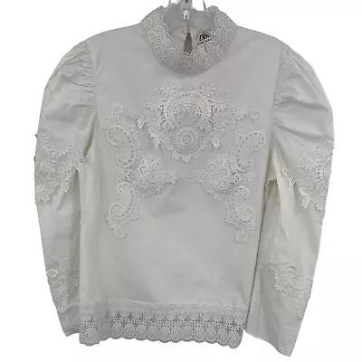 Zara Blouse Womens Size Small Lace Edwardian Cottagecore Doily Puff Sleeve White • £20.43