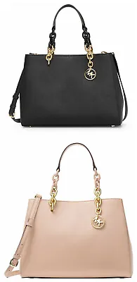 NWT Michael Kors Cynthia Leather Sathcel Shoulder Bag Black Soft Pink AUTHENTIC • $238.80
