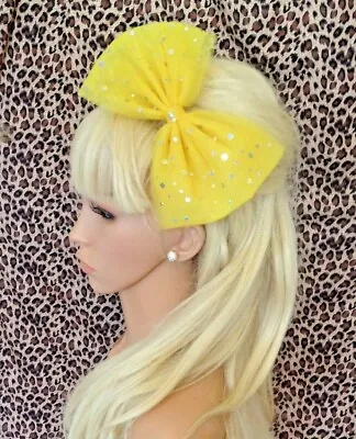 BIG YELLOW SPARKLE BOW TULLE TUTU NET ALICE HAIR HEAD BAND 80s PARTY FANCY DRESS • £4.99