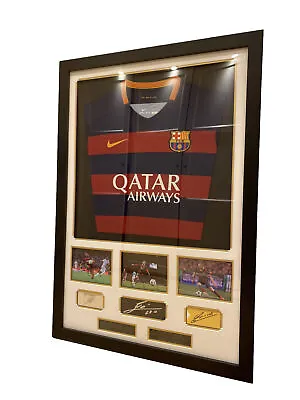 Framed Barcelona 15/16 Shirt With Autographs Of Luis Suarez Leo Messi & Iniesta • £499