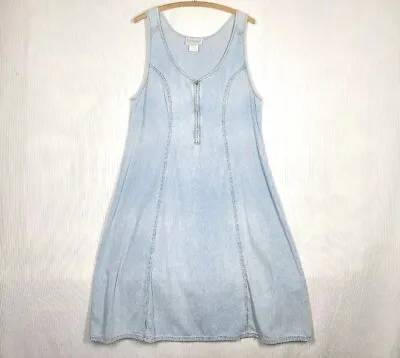 Vtg Denim Metal Zipper Dress 14w Plus Acid Bleach Wash Jeans ALine Miss Conduct • $54