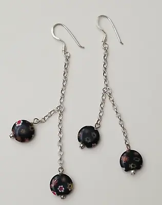 Vintage FAS Millefiori Flat Beads Sterling Silver Dangle Hook Earrings • $16.23