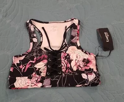 NWT Bebe Sport Strappy Sports Bra Floral Black Medium $39 Sportsbra • £26.54