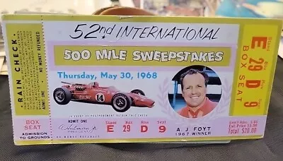 1968 Indianapolis 500 Ticket Stub 52nd International Sweepstakes/AJ Foyt 67 Win • $19.99