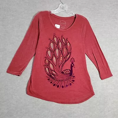 Lucky Brand Women Top Medium Red Shirt Peacock Velvet Graphic Print 3/4 Sleeve • $11.97