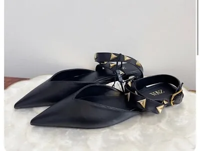 Zara Black Faux Leather Pointed Toe Gold Studded Ankle Strap Shoe 6.5 USA 37NEW • $80
