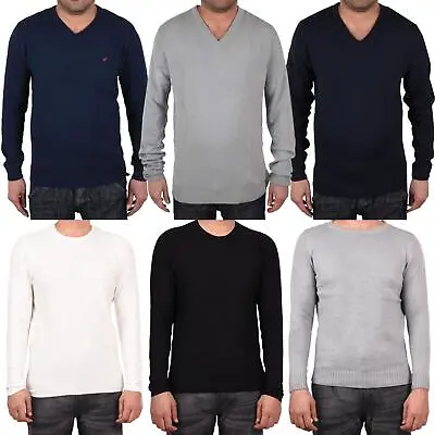 Mens Jumper V Neck Knit Cotton Long Sleeve Pullover Casual Sweater Knitwear Top • £5.99