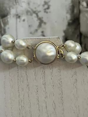 Vintage Signed Crown Trifari Double Strand Faux Pearl Bracelet Pearl Clasp • $10