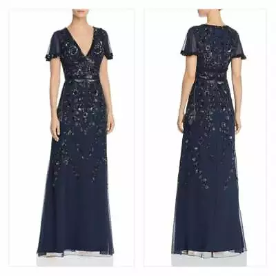 Aidan Mattox Womens Floral Beaded Long Gown Navy Blue Various Sizes New $495 • $113.24