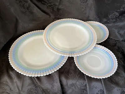 Lot ~Macbeth Evans White Monax Petalware Pastel Band 2 Dinner Plates & 2 Saucers • $59.99