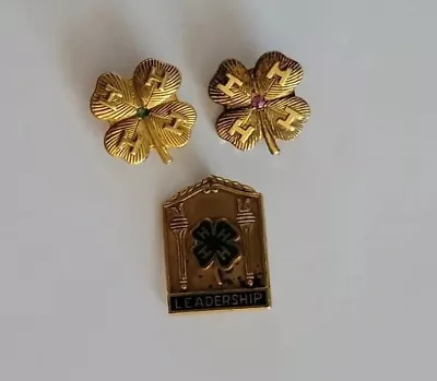 Vintage 4-H Club 10K Gold Filled Four Leaf Clover Pins Emerald & Ruby Lot Of 3 • $27.99