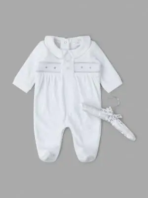 £11.99 • Buy Baby Boy Spanish Style Smocked Sleepsuit White Velour Baby Grow   0-3 3-6 6-9 M