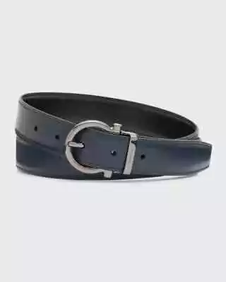 NWT Ferragamo Men's Reversible Leather Gancio Belt Nero/Marine Blue Retail $495 • $316