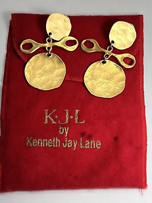 Vintage KJL Kenneth Jay Lane Signed Clip On Earrings Hammered Tribal Gold Tone • $79.99