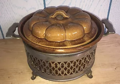 Bean Pot Vintage With RARE Lid Ceramic Crock Brown Wire Holder • $19.99