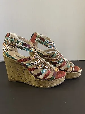 Tribal Boho Multicolor Strappy Cork Wedges 6.5 Med African Cloth W/Bling • $28