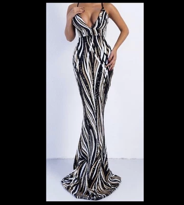 £28 • Buy Ladies Black Gold & White Sequin Plunge Neck Floor Length Cami Prom Dress XS 6 8