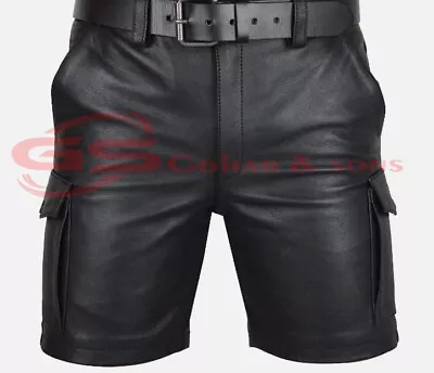 Men's Real Cowhide Leather Cargo Shorts Cargo Pockets Shorts With Free Belt • $85.50