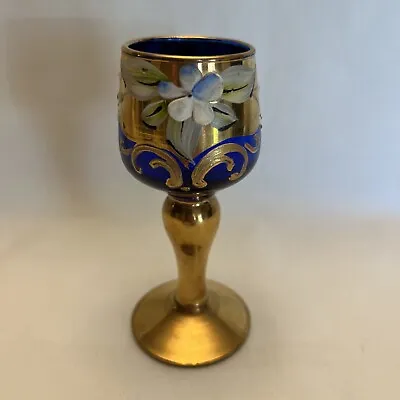 Vintage MURANO Vimax Mini Wine Glass Goblet Hand Painted Cobalt Blue Gilt 4” • $18