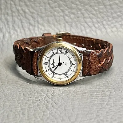 Vtg Michel Herbelin Watch Women Small White Dial Braided Leather Strap Gold Tone • $189.99