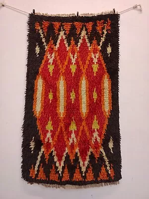 Vintage Beautiful Hand Knotted Swedish Scandinavian Rya Wool Shag Rug 3'3 ×1'10  • $214.50