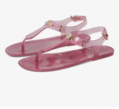 Women MK Michael Kors Plate Jelly Buckle Up Flat Sandals Glitter French Pink 8 • $29