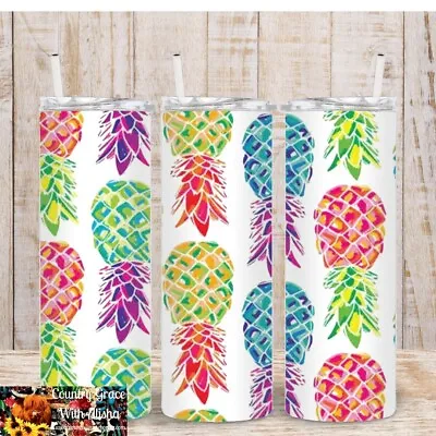 Upside Down Pineapple 20oz Skinny Tumbler Custom Insulated Cup With Straw • £25.64