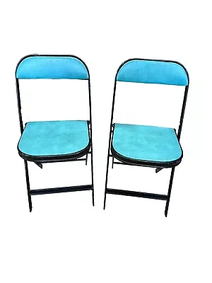 Vintage 1950s Aqua And Black Metal Folding 2 Chairs Folding Table Chairs • $79.99