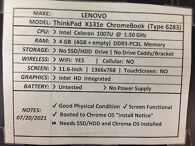 $44.06 • Buy Lenovo ThinkPad X131e *Parts/Repair* Celeron/4GB - No OS/HDD/BATT & CHRG