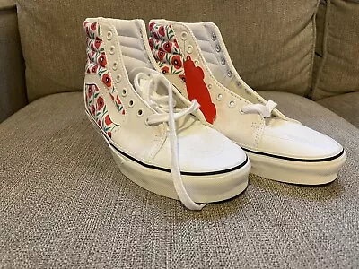 NWT SK8-HI Vans White Red Flowers Poppy High Top Sneakers Men’s 10 • $55