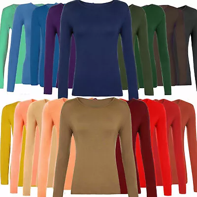 Ladies Long Sleeve Stretch Plain Round Scoop Neck T Shirt Top Assorted • £6.49