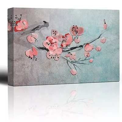 Cherry Blossom Branch Over A Blue Abstract Watercolor Background - Canvas- 12x18 • $28.59