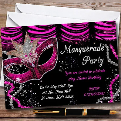 Pink & Black Mask Masquerade Ball Personalised Party Invitations • £89.95