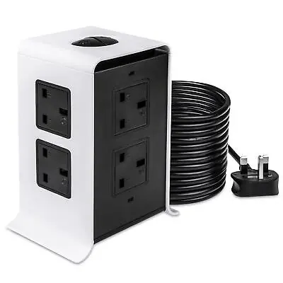 5M Tower Extension Lead Multi Socket 8 Way Plug USB Extension Surge Protection • £21.99