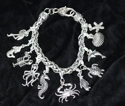 Ocean Marine Charm Bracelet Silver Pewter Charms 8  Octopus Crab Sea Turtle Star • $15.99