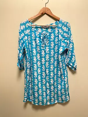 Tybee Island Clothing Company Women Tunic Large Blue White Seahorse Print Summer • $24.88