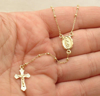 $2500 • Buy 24  2mm Rosary Ball Chain Medal Cross Crucifix Necklace Real 10K Yellow Gold 