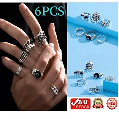 6Pcs Punk Poker Joker Rings For Men Goth Skeleton Billiards Set Emo Jewelry Gift • $10.56