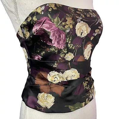 Kay Unger Silk Floral Bustier 4P Petite 4 Painted Strapless Origami Ruched Black • $59.99