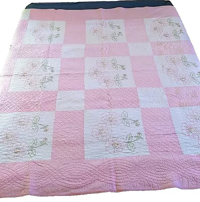 Vintage Pink Hand Embroidered Flower Quilt Wall Hanging 75.5 X 73  • $65