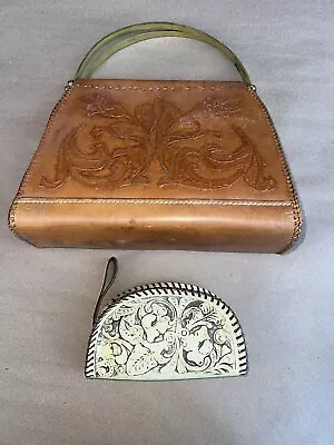 Vintage Hand Tooled Leather Purse Brass Handles • $19.99