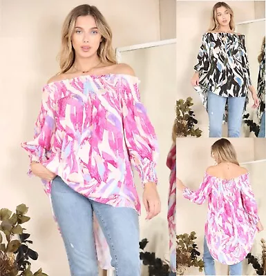 Ladies Womens Bardot Tops Off Shoulder Casual Floral Frill Blouse Tunic Tops • £26.95