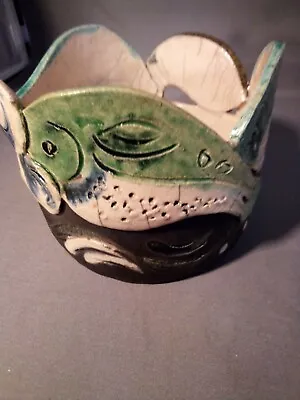 Vintage Studio Art Pottery Vase Green Reticulated Fish Signed • $24.99