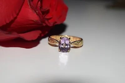 9ct Yellow Gold Single Oval Amethyst Ring With Patterned Shoulders • $149.41