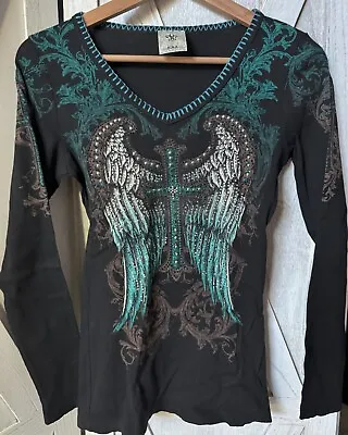 New Vocal Apparel Womens Rhinestone Crystal Black Cross Wings M Medium • $25